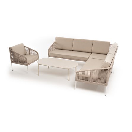 "Канны" модульная угловая лаунж-зона из роупа (веревки) со столом "Диего" (молочный), цвет бежевый