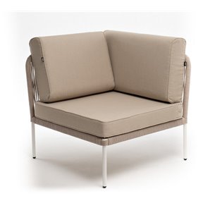 "Канны" угловой модуль плетеный из роупа, каркас алюминий белый муар, роуп бежевый круглый, ткань бежевая 15052