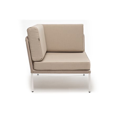 "Канны" угловой модуль плетеный из роупа, каркас алюминий белый муар, роуп бежевый круглый, ткань бежевая 15052