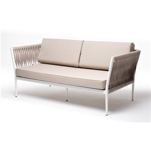 "Касабланка" диван 2-местный плетеный из роупа, каркас алюминий белый муар, роуп бежевый 20мм, ткань бежевая 15052