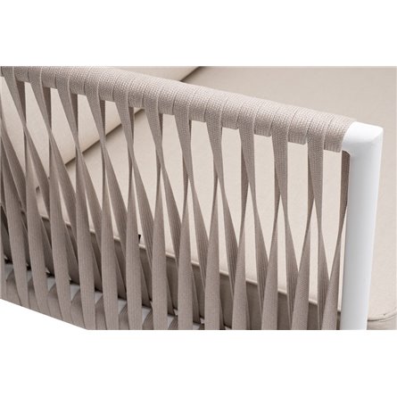 "Касабланка" диван 2-местный плетеный из роупа, каркас алюминий белый муар, роуп бежевый 20мм, ткань бежевая 15052