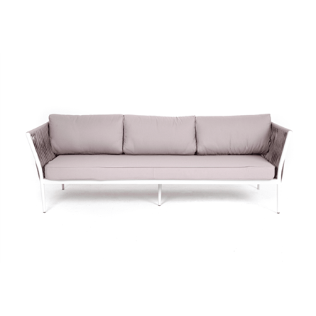 "Касабланка" диван 3-местный плетеный из роупа, каркас алюминий белый муар, роуп бежевый 20мм, ткань бежевая 052