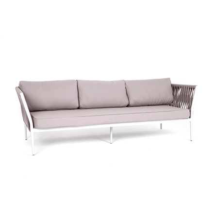 "Касабланка" диван 3-местный плетеный из роупа, каркас алюминий белый муар, роуп бежевый 20мм, ткань бежевая 052