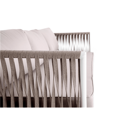 "Касабланка" диван 3-местный плетеный из роупа, каркас алюминий белый муар, роуп бежевый 20мм, ткань бежевая 052