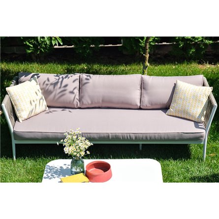 "Касабланка" диван 3-местный плетеный из роупа, каркас алюминий белый муар, роуп бежевый 20мм, ткань бежевая 052