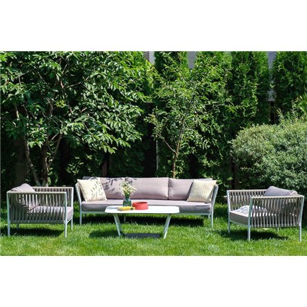 "Касабланка" диван 3-местный плетеный из роупа, каркас алюминий белый муар, роуп бежевый 20мм, ткань бежевая 052