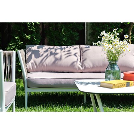 "Касабланка" диван 3-местный плетеный из роупа, каркас алюминий белый муар, роуп бежевый 20мм, ткань бежевая 052