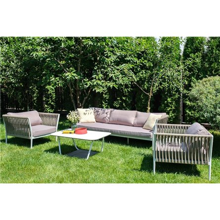 "Касабланка" диван 3-местный плетеный из роупа, каркас алюминий белый муар, роуп бежевый 20мм, ткань бежевая 052