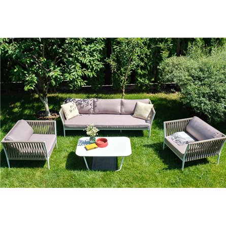 "Касабланка" диван 3-местный плетеный из роупа, каркас алюминий белый муар, роуп бежевый 20мм, ткань бежевая 052