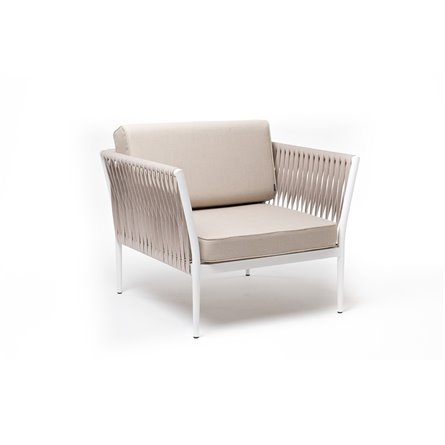 "Касабланка" кресло плетеное из роупа, каркас алюминий белый муар, роуп бежевый 20мм, ткань бежевая 052