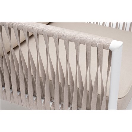 "Касабланка" кресло плетеное из роупа, каркас алюминий белый муар, роуп бежевый 20мм, ткань бежевая 052