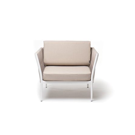 "Касабланка" кресло плетеное из роупа, каркас алюминий белый муар, роуп бежевый 20мм, ткань бежевая 15052