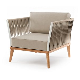 "Касабланка" кресло плетеное из роупа, основание дуб, роуп серо-коричневый 23мм, ткань серая