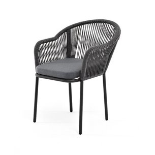 "Лион" стул плетеный из роупа, каркас из стали темно-серый (RAL7024) шагрень, роуп темно-серый круглый, ткань серая