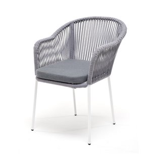 "Лион" стул плетеный из роупа, каркас из стали белый муар, роуп светло-серый круглый, ткань светло-серая