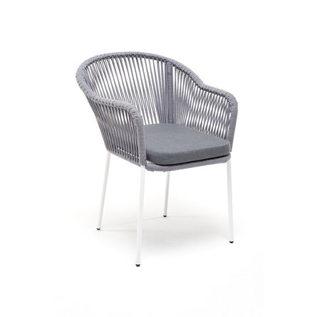 "Лион" стул плетеный из роупа, каркас из стали белый муар, роуп светло-серый круглый, ткань светло-серая