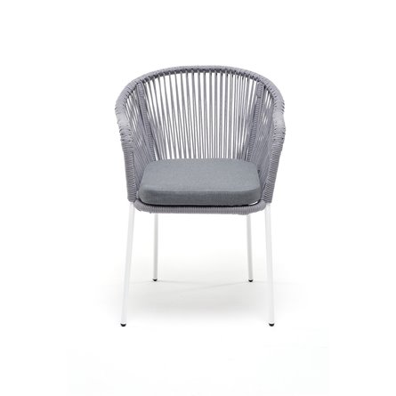 "Лион" стул плетеный из роупа, каркас из стали белый муар, роуп светло-серый круглый, ткань светло-серая