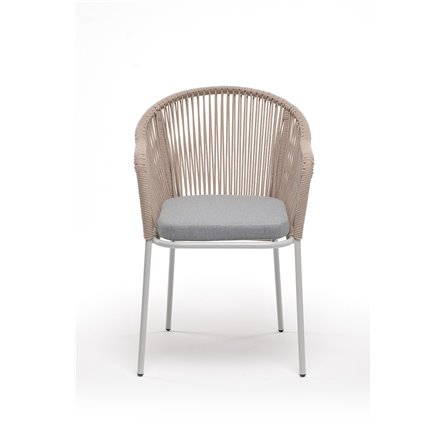 "Лион" стул плетеный из роупа, каркас из стали светло-серый (RAL7035) муар, роуп бежевый круглый, ткань светло-серая