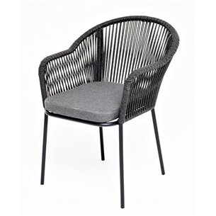 "Лион" стул плетеный из роупа, каркас из стали темно-серый (RAL7024) муар, роуп темно-серый круглый, ткань темно-серая 027