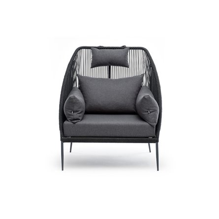 "Мадрид" кресло плетеное из роупа, каркас алюминий темно-серый (RAL7024) муар, роуп темно-серый круглый, ткань темно-серая 027