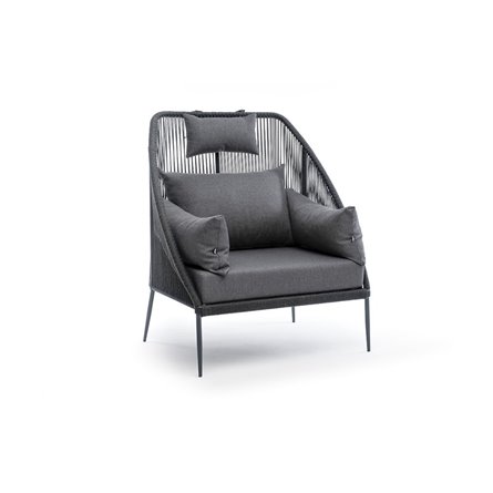 "Мадрид" кресло плетеное из роупа, каркас алюминий темно-серый (RAL7024) муар, роуп темно-серый круглый, ткань темно-серая 027