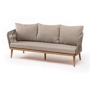 "Мальорка" диван 3-местный плетеный из роупа, основание дуб, роуп серо-коричневый 23мм, ткань бежевая 052