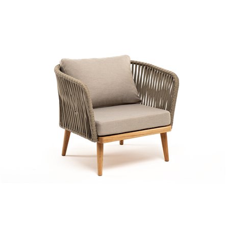 "Мальорка" кресло плетеное из роупа, основание дуб, роуп серо-коричневый 23мм, ткань бежевая 052