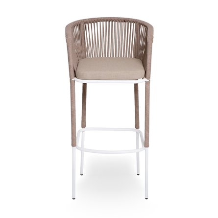 "Марсель" стул барный плетеный из роупа, каркас из стали белый муар, роуп бежевый круглый, ткань бежевая 052