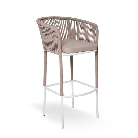 "Марсель" стул барный плетеный из роупа, каркас из стали белый муар, роуп бежевый круглый, ткань бежевая 052