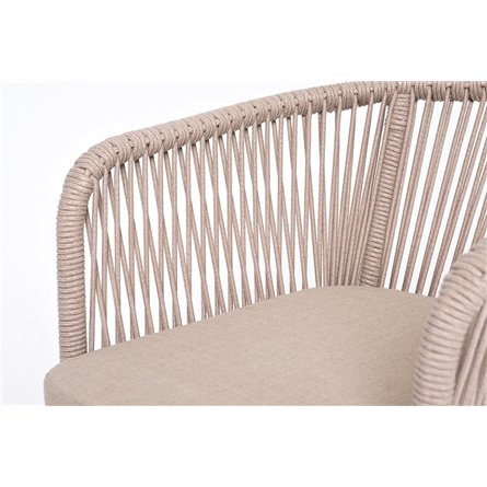 "Марсель" стул барный плетеный из роупа, каркас из стали белый муар, роуп бежевый круглый, ткань бежевая 052