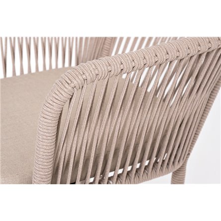 "Марсель" стул барный плетеный из роупа, каркас из стали белый муар, роуп бежевый круглый, ткань бежевая 052