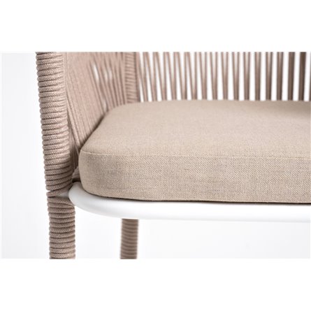 "Марсель" стул барный плетеный из роупа, каркас из стали белый муар, роуп бежевый круглый, ткань бежевая 052