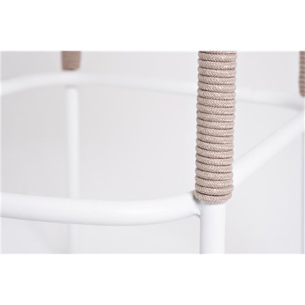 "Марсель" стул барный плетеный из роупа, каркас из стали белый муар, роуп бежевый круглый, ткань бежевая 052