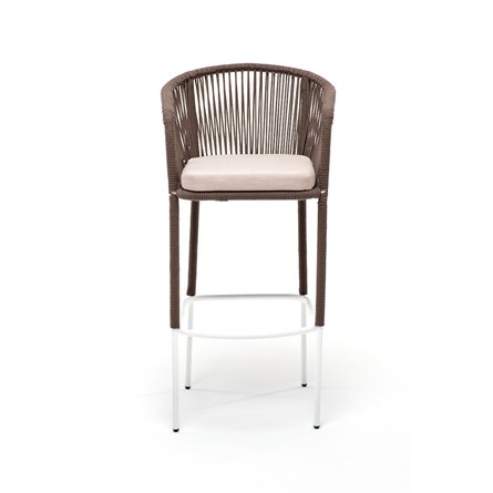 "Марсель" стул барный плетеный из роупа, каркас из стали белый муар, роуп коричневый круглый, ткань бежевая 052