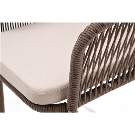 "Марсель" стул барный плетеный из роупа, каркас из стали белый муар, роуп коричневый круглый, ткань бежевая 052