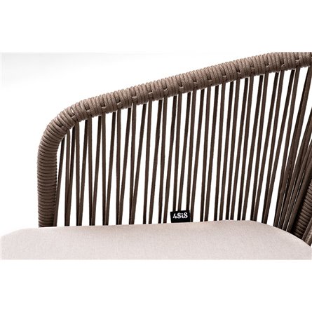 "Марсель" стул барный плетеный из роупа, каркас из стали белый муар, роуп коричневый круглый, ткань бежевая 052