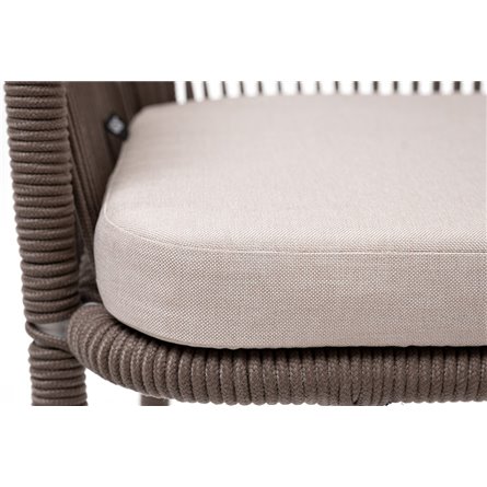 "Марсель" стул барный плетеный из роупа, каркас из стали белый муар, роуп коричневый круглый, ткань бежевая 052