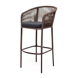 "Марсель" стул барный плетеный из роупа, каркас из стали коричневый (RAL8016) муар, роуп коричневый круглый, ткань темно-серая 0