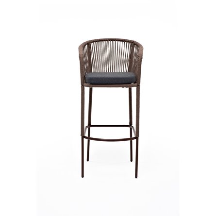 "Марсель" стул барный плетеный из роупа, каркас из стали коричневый (RAL8016) муар, роуп коричневый круглый, ткань темно-серая 0