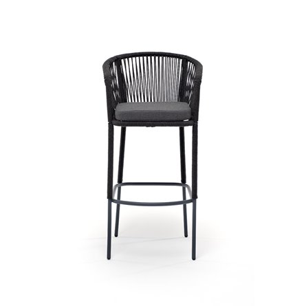 "Марсель" стул барный плетеный из роупа, каркас из стали серый (RAL7022) муар, роуп темно-серый круглый, ткань темно-серая 027