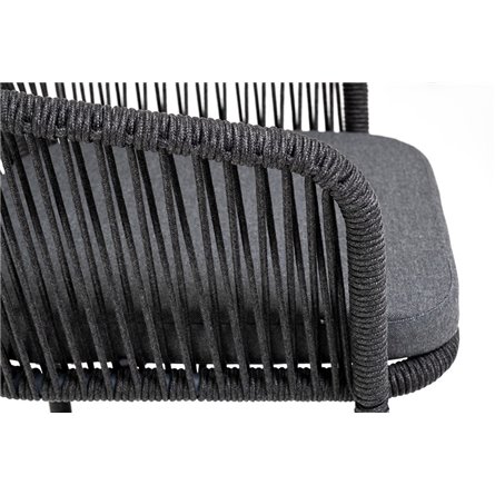 "Марсель" стул барный плетеный из роупа, каркас из стали серый (RAL7022) муар, роуп темно-серый круглый, ткань темно-серая 027