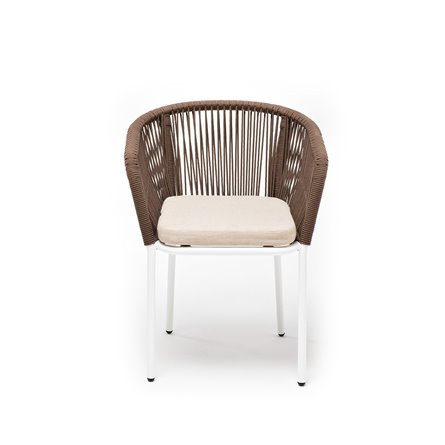 "Марсель" стул плетеный из роупа, каркас алюминий белый муар, роуп коричневый круглый, ткань бежевая 052