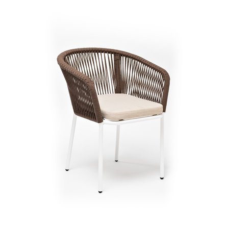 "Марсель" стул плетеный из роупа, каркас алюминий белый муар, роуп коричневый круглый, ткань бежевая 052