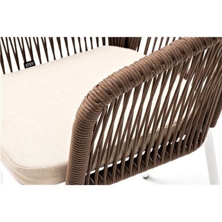 "Марсель" стул плетеный из роупа, каркас алюминий белый муар, роуп коричневый круглый, ткань бежевая 052