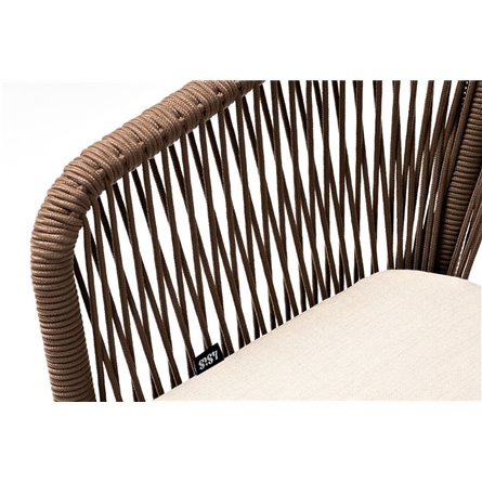 "Марсель" стул плетеный из роупа, каркас алюминий белый муар, роуп коричневый круглый, ткань бежевая 052