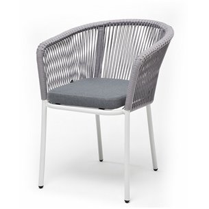 "Марсель" стул плетеный из роупа, каркас алюминий белый муар, роуп светло-серый круглый, ткань светло-серая