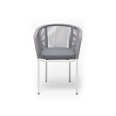 "Марсель" стул плетеный из роупа, каркас алюминий белый муар, роуп светло-серый круглый, ткань светло-серая