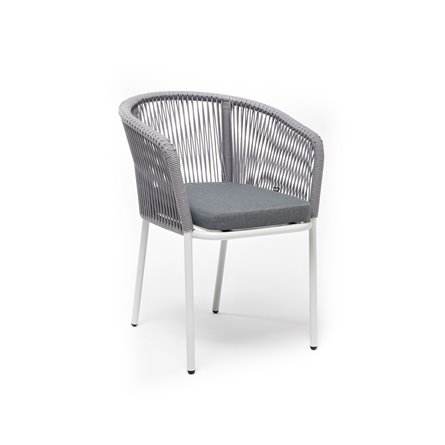 "Марсель" стул плетеный из роупа, каркас алюминий белый муар, роуп светло-серый круглый, ткань светло-серая