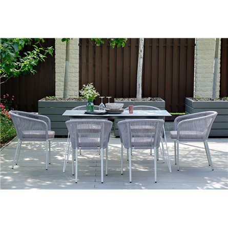 "Марсель" стул плетеный из роупа, каркас алюминий белый муар, роуп светло-серый круглый, ткань светло-серая