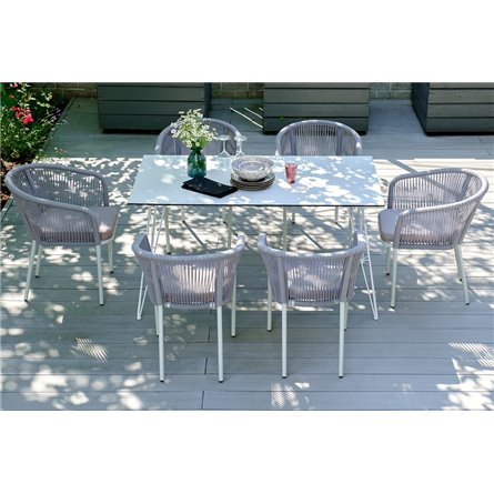 "Марсель" стул плетеный из роупа, каркас алюминий белый муар, роуп светло-серый круглый, ткань светло-серая